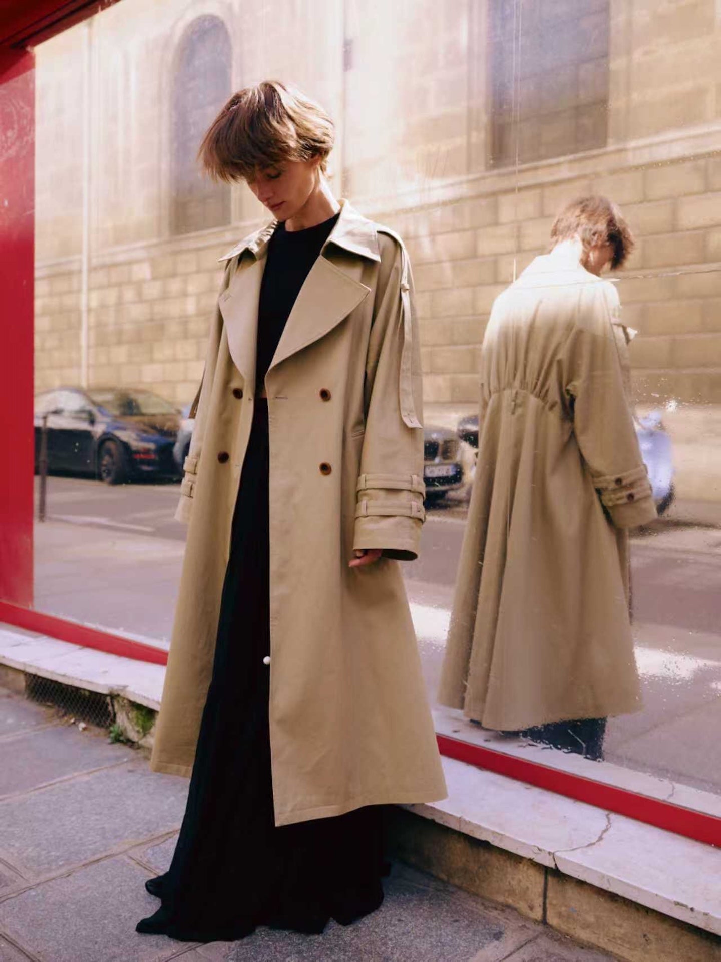 Long Belted Double-Breasted Trench Coat