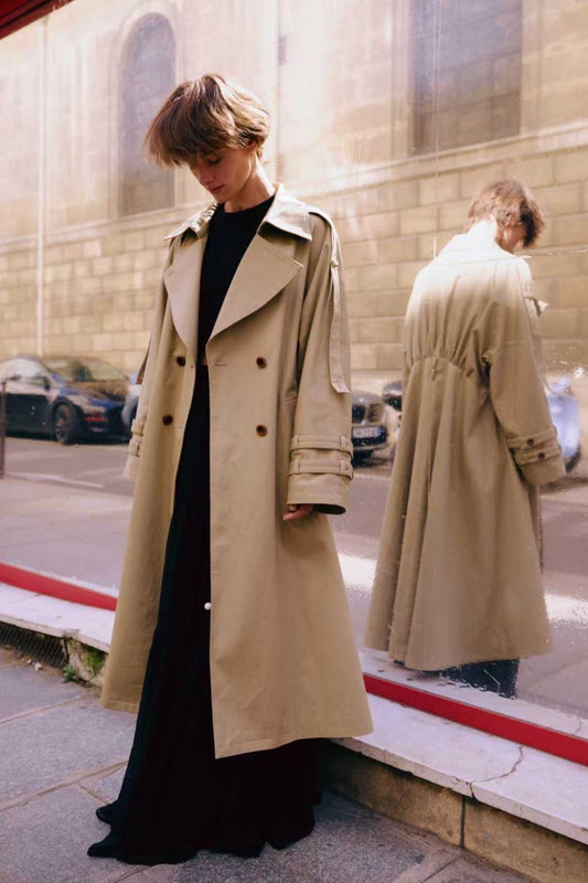 Long Belted Double-Breasted Trench Coat