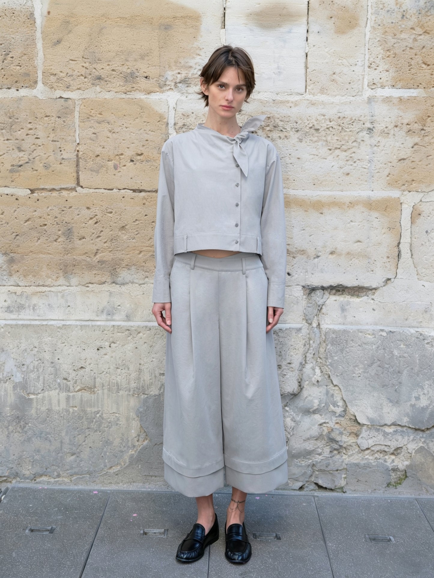 Grey Cross-Over Waist Pleated Culottes