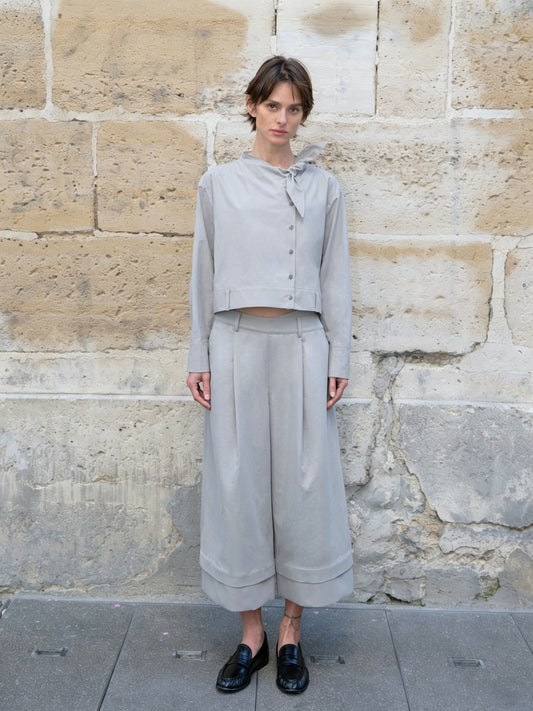 Grey Cross-Over Waist Pleated Culottes
