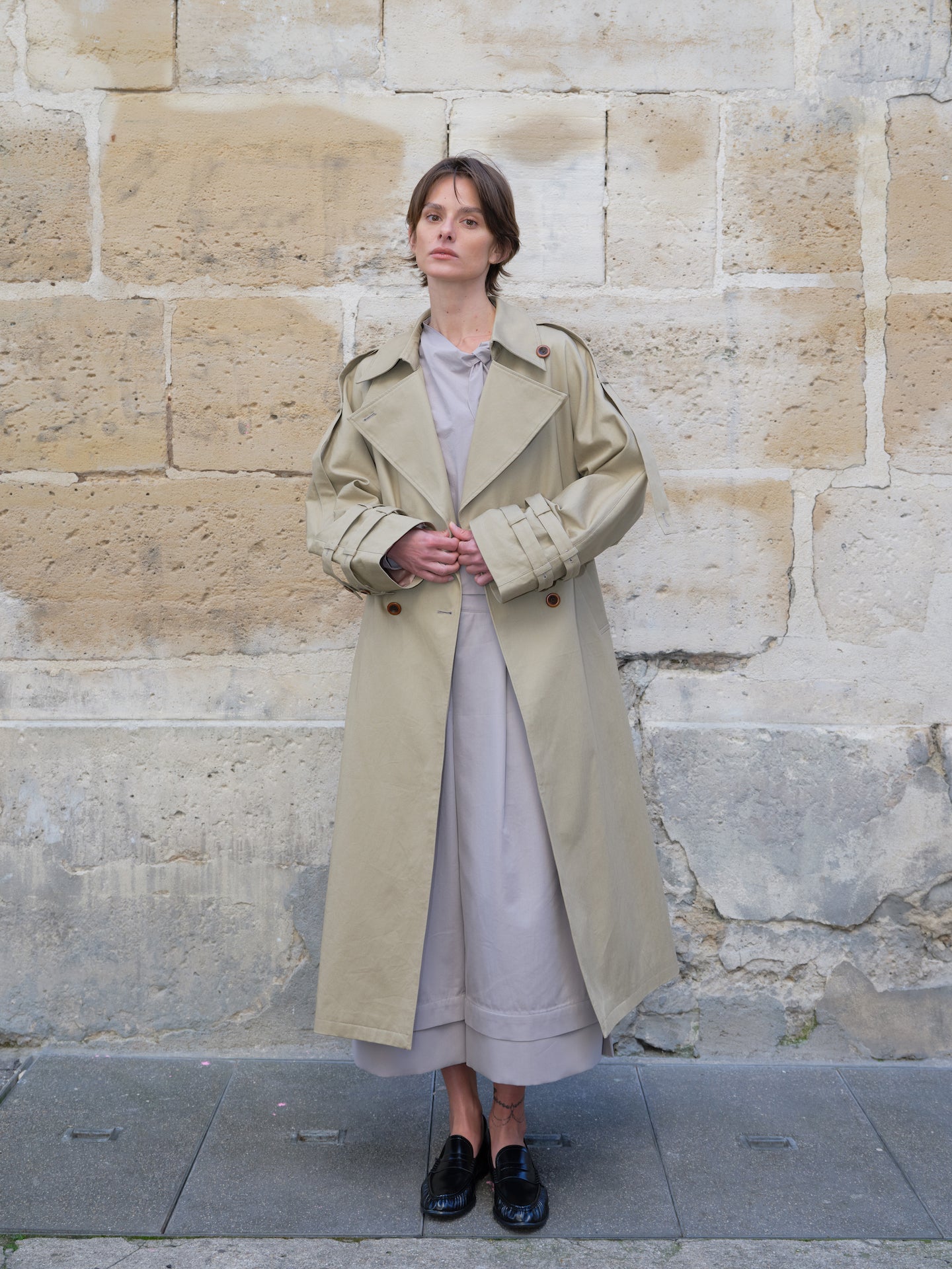 Long Belted Double-Breasted Trench Coat