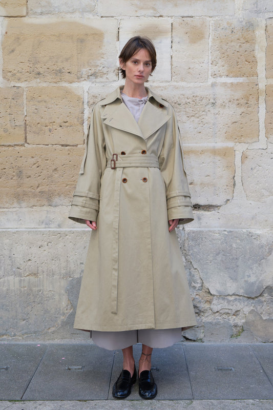 Long Belted Double-Breasted Trench Coat