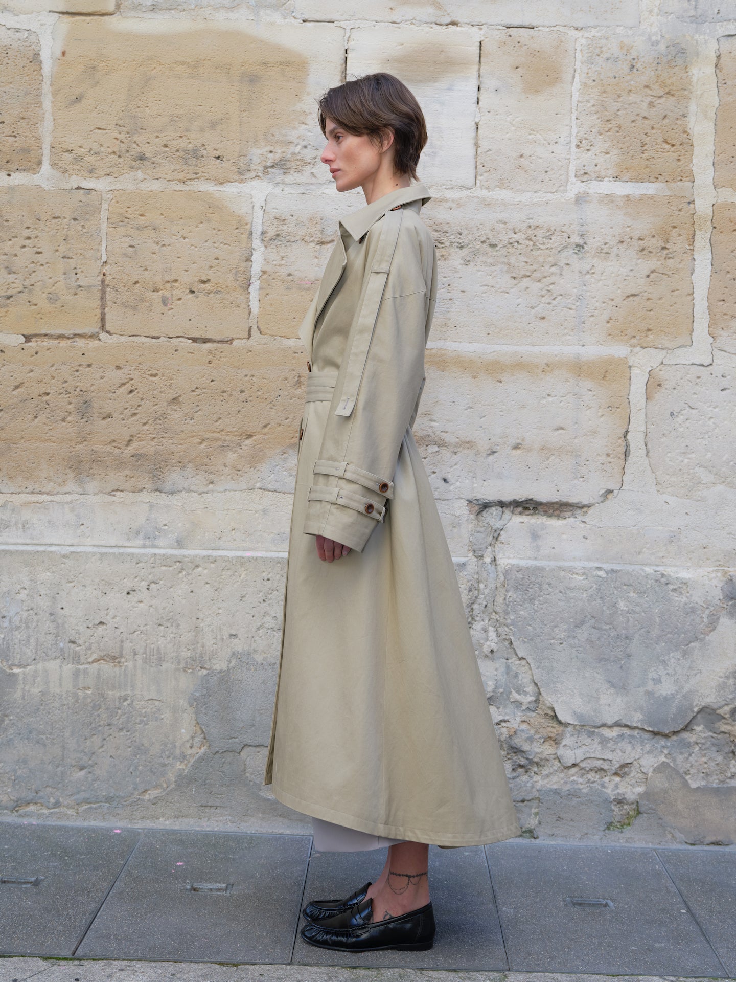 Long Belted Double-Breasted Trench Coat