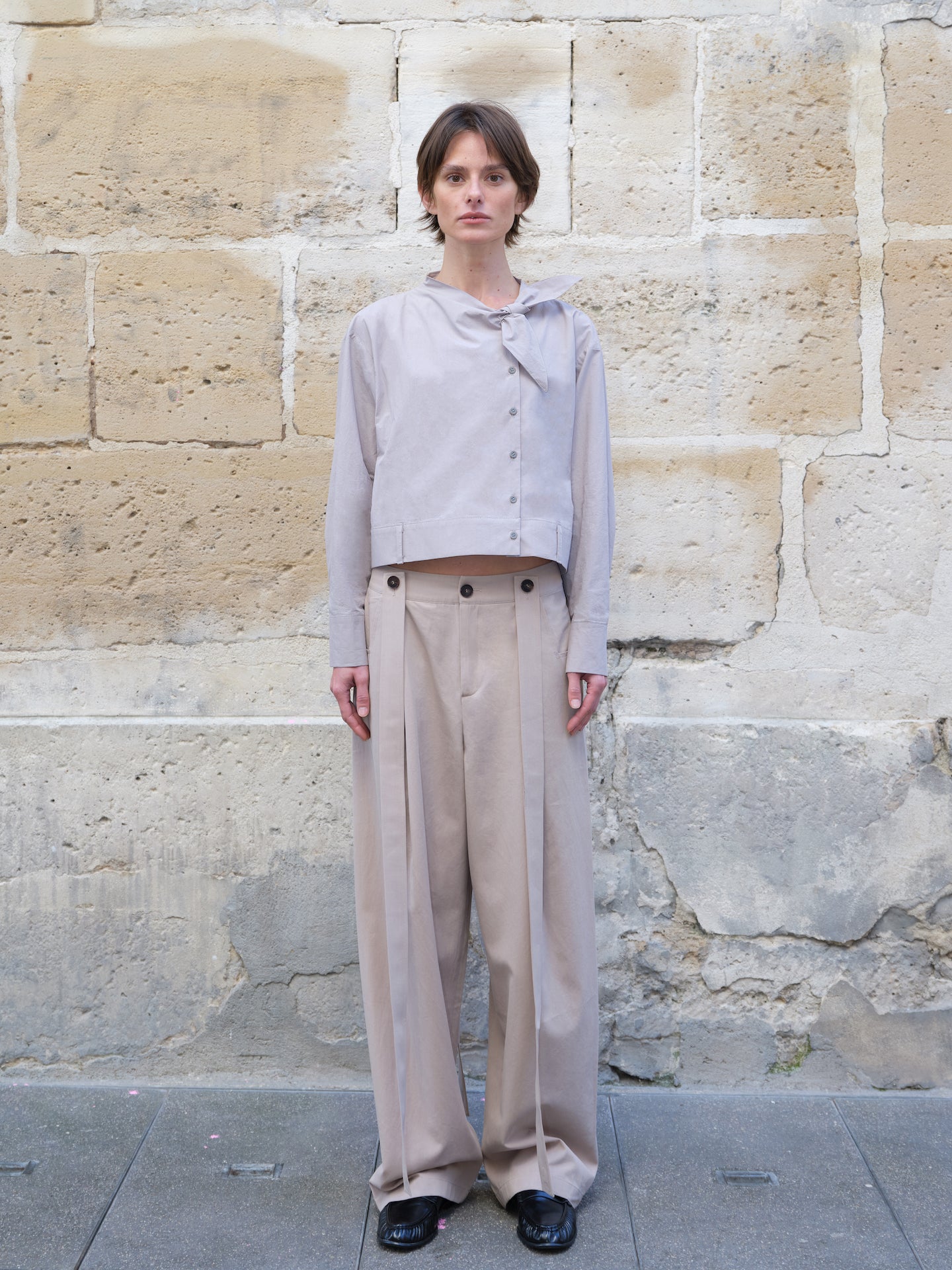 Beige High-Waisted Pleated Wide-Leg Trousers