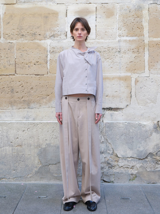Beige High-Waisted Pleated Wide-Leg Trousers