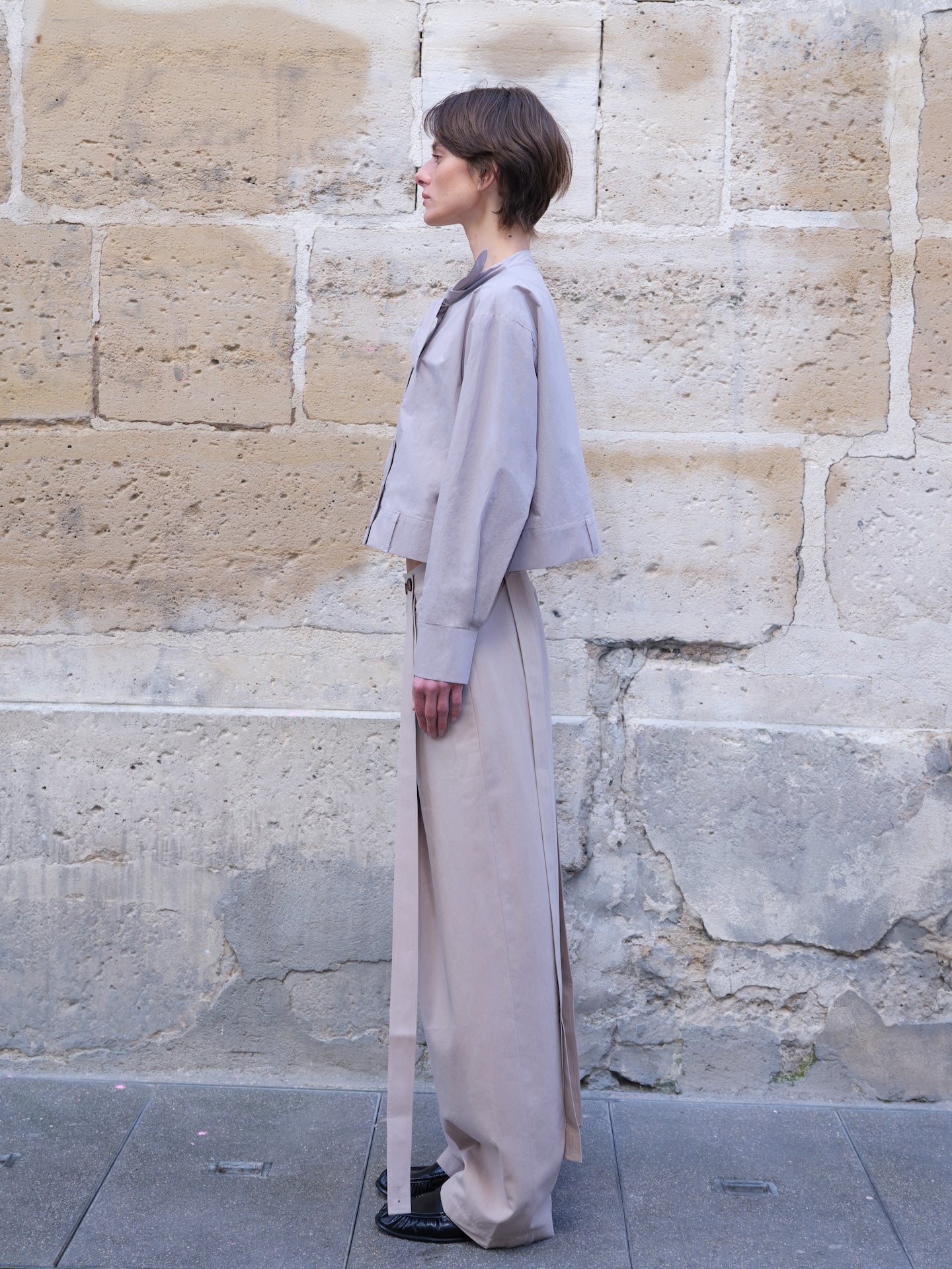 Beige High-Waisted Pleated Wide-Leg Trousers