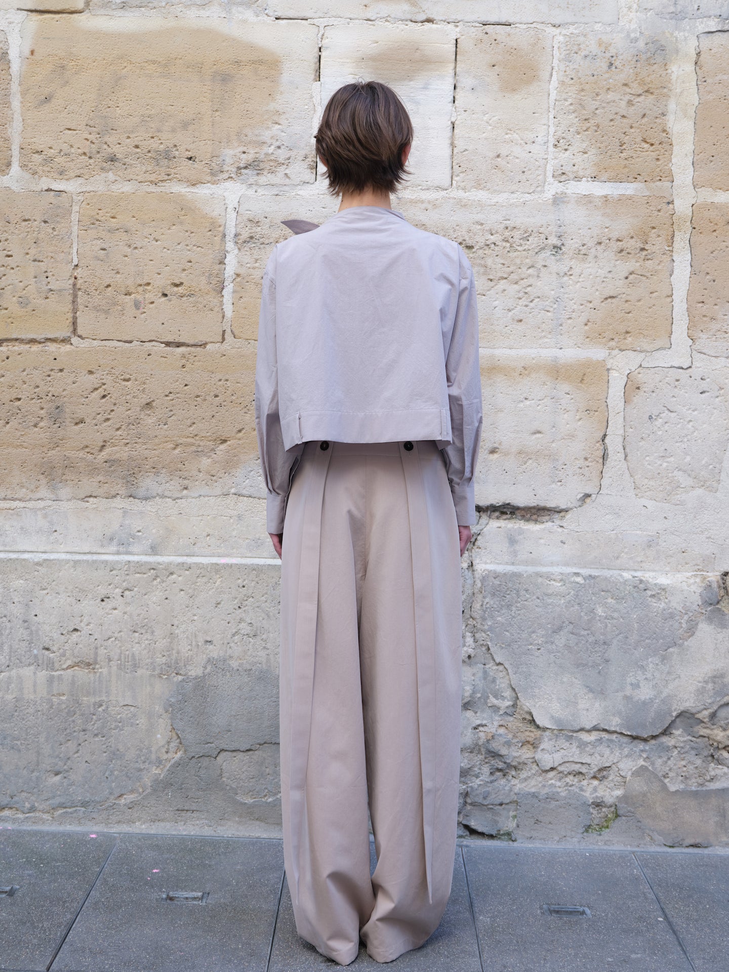 Beige High-Waisted Pleated Wide-Leg Trousers