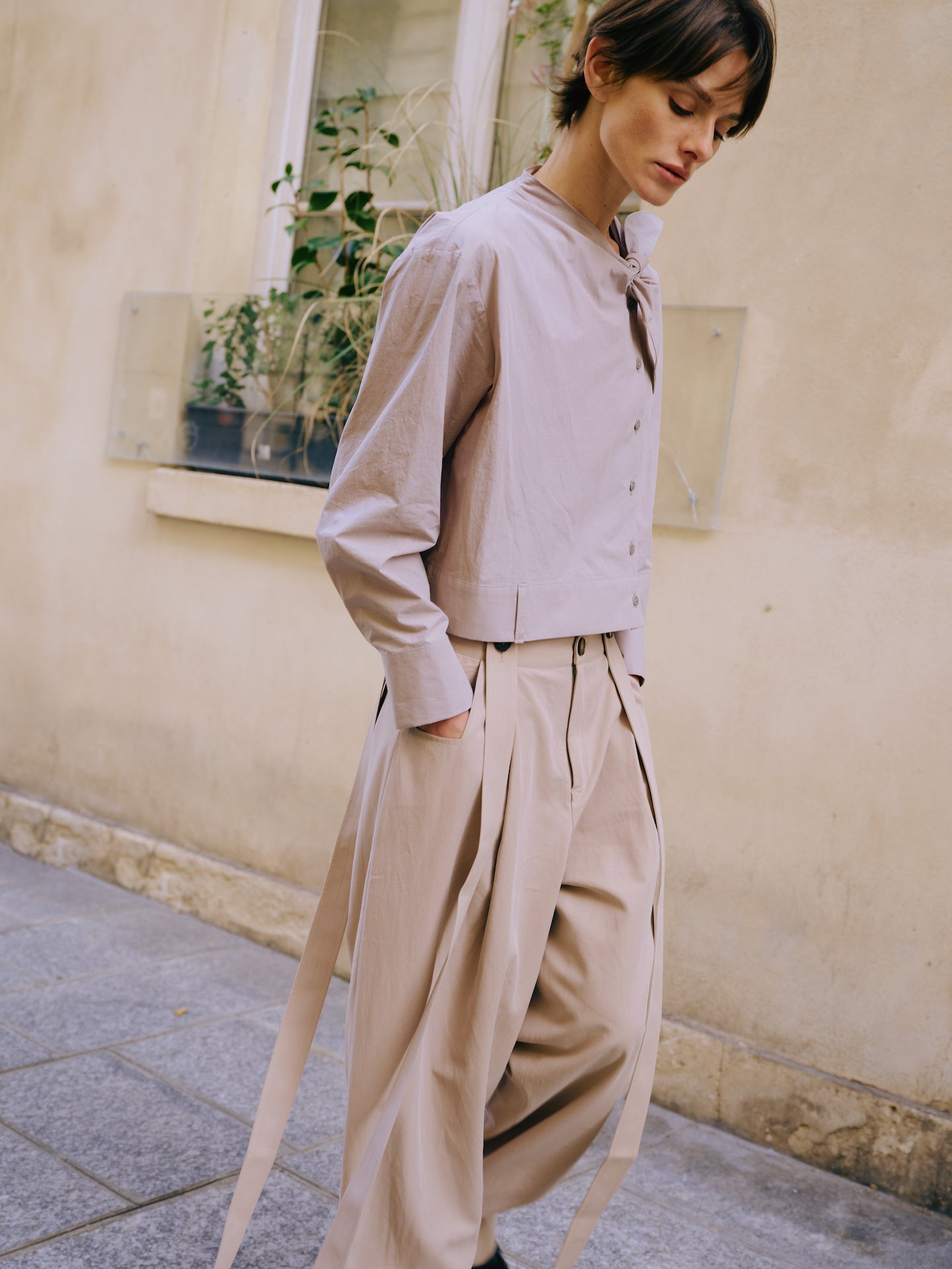 Beige High-Waisted Pleated Wide-Leg Trousers