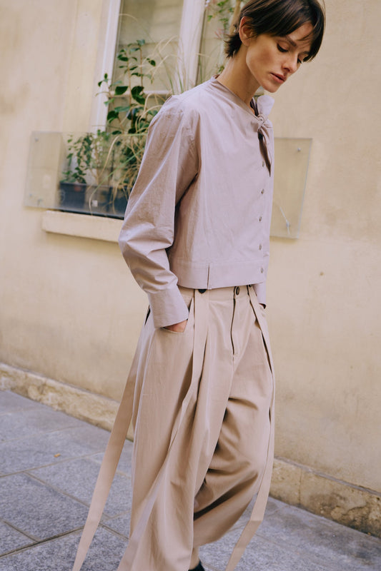 Beige High-Waisted Pleated Wide-Leg Trousers