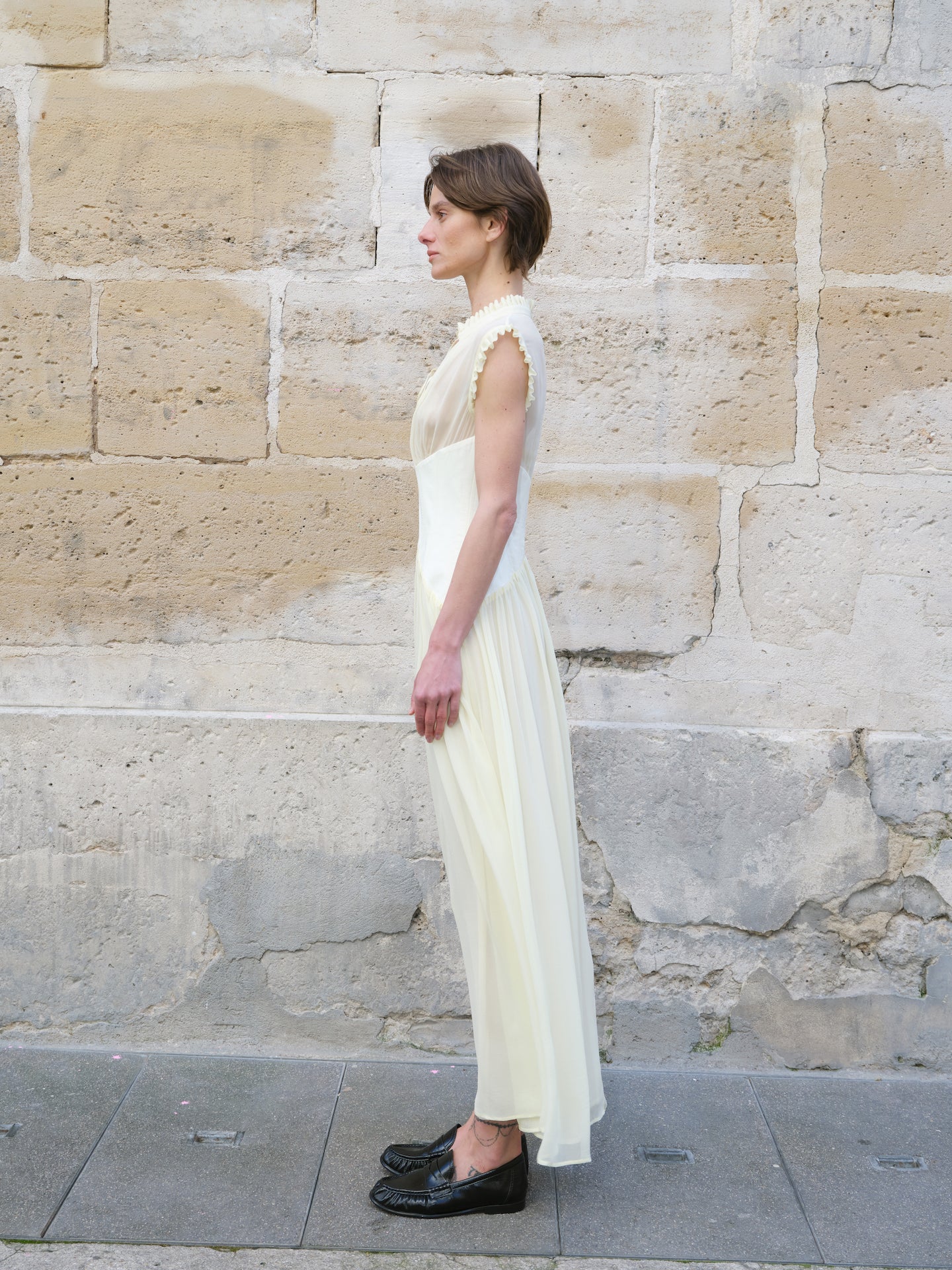 Cream Yellow Corset-Waist Maxi Dress