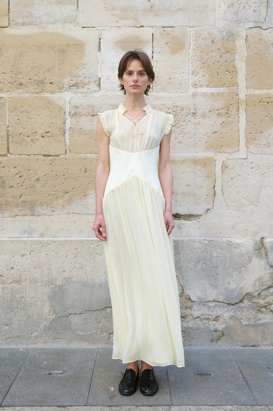 Cream Yellow Corset-Waist Maxi Dress