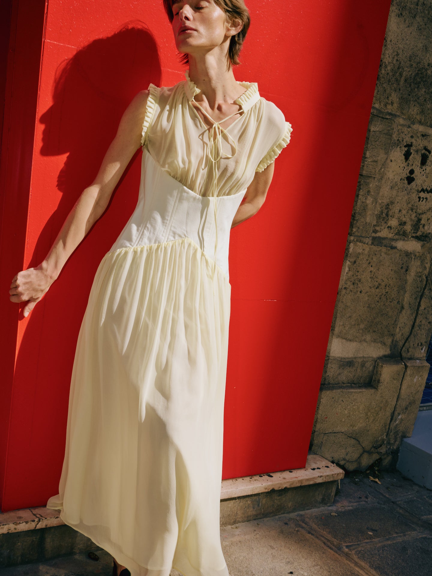 Cream Yellow Corset-Waist Maxi Dress