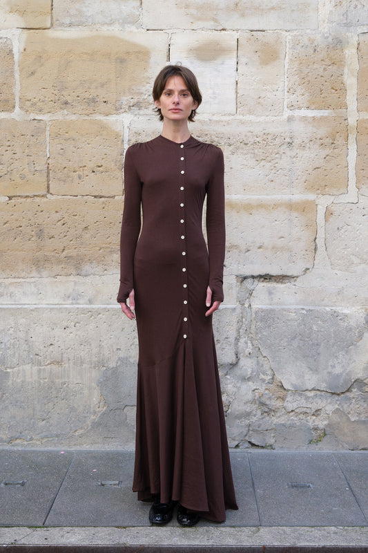 Fitted Long-Sleeve Button-Front Maxi Dress