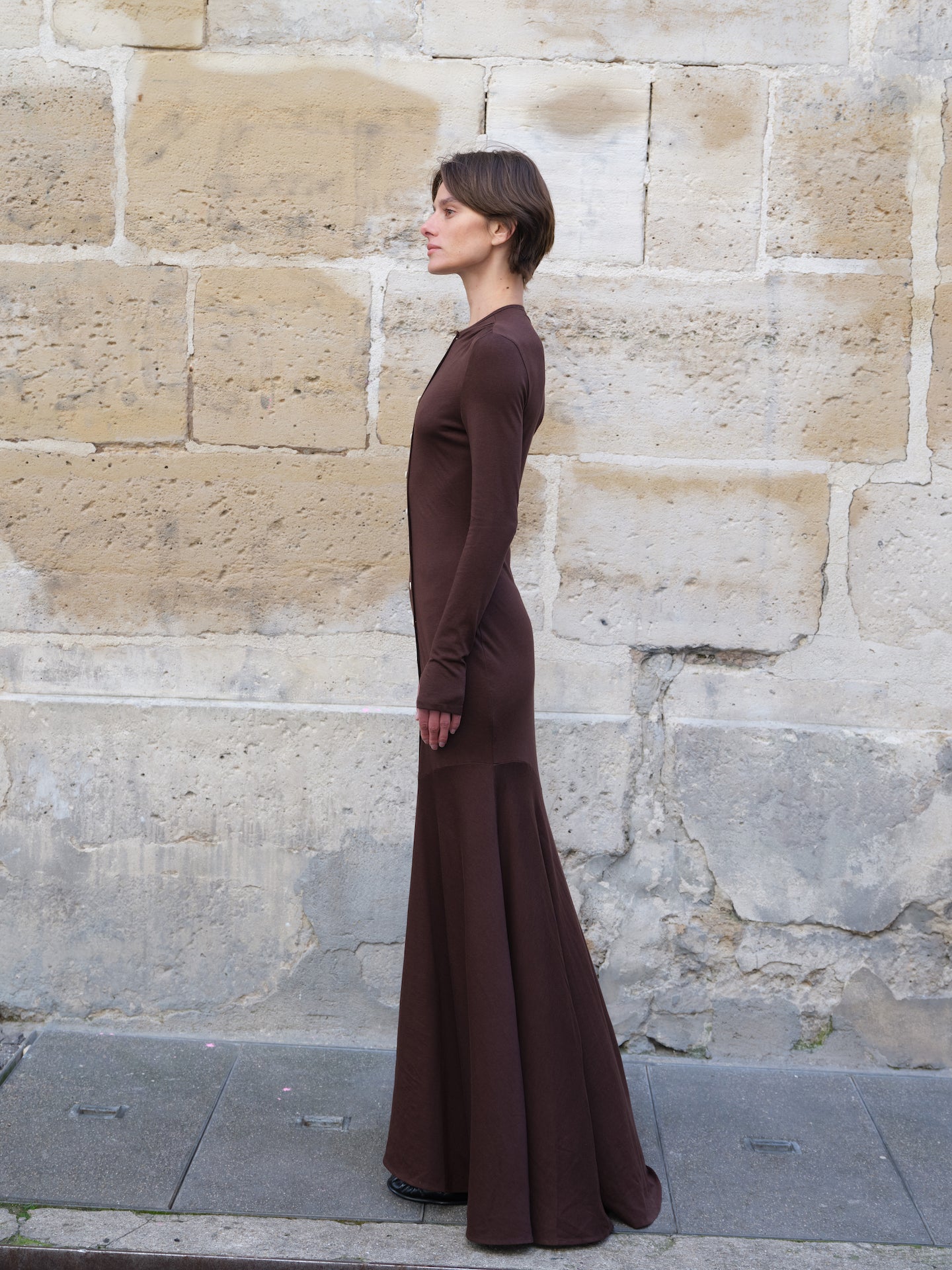 Fitted Long-Sleeve Button-Front Maxi Dress