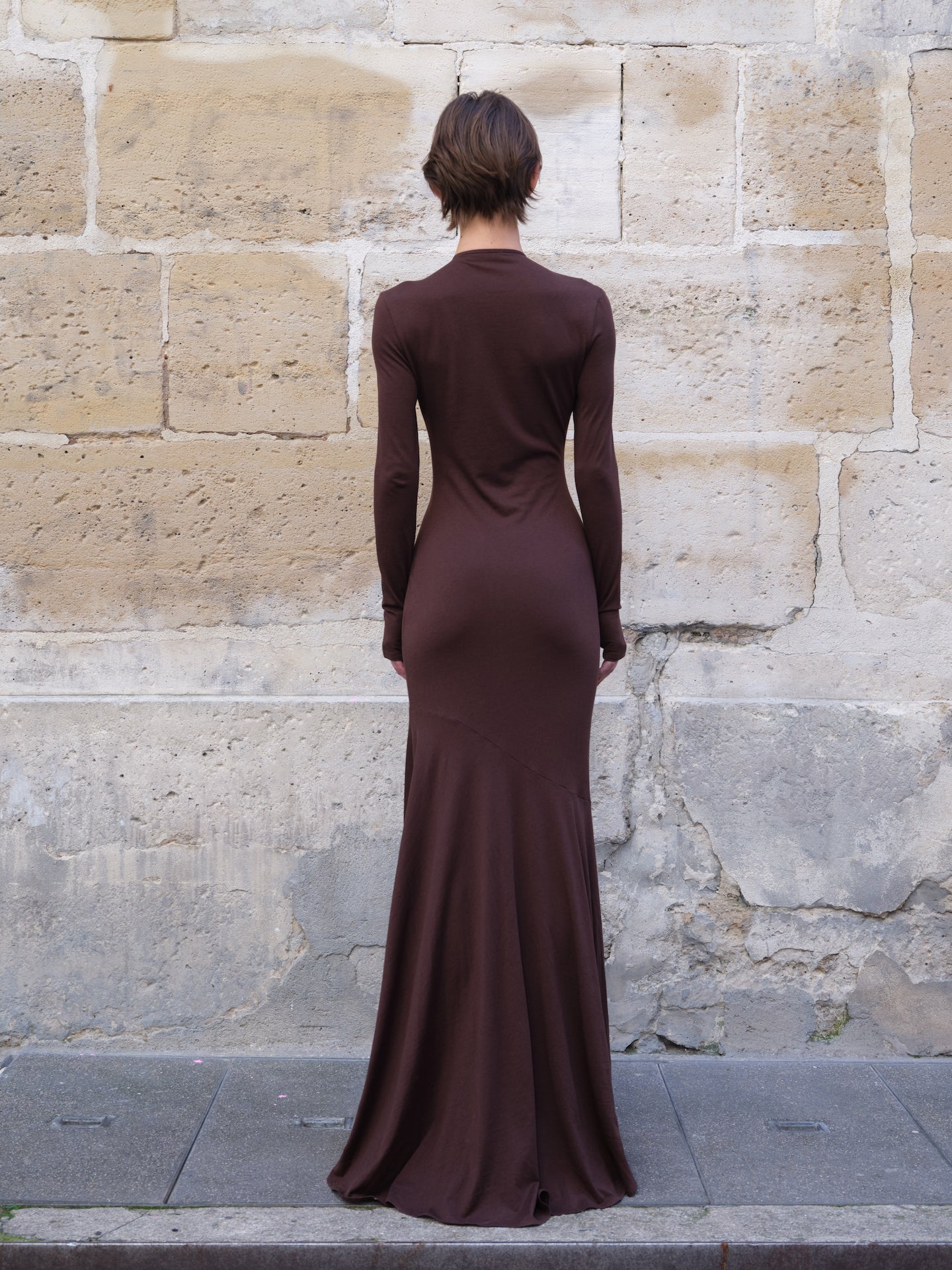 Fitted Long-Sleeve Button-Front Maxi Dress