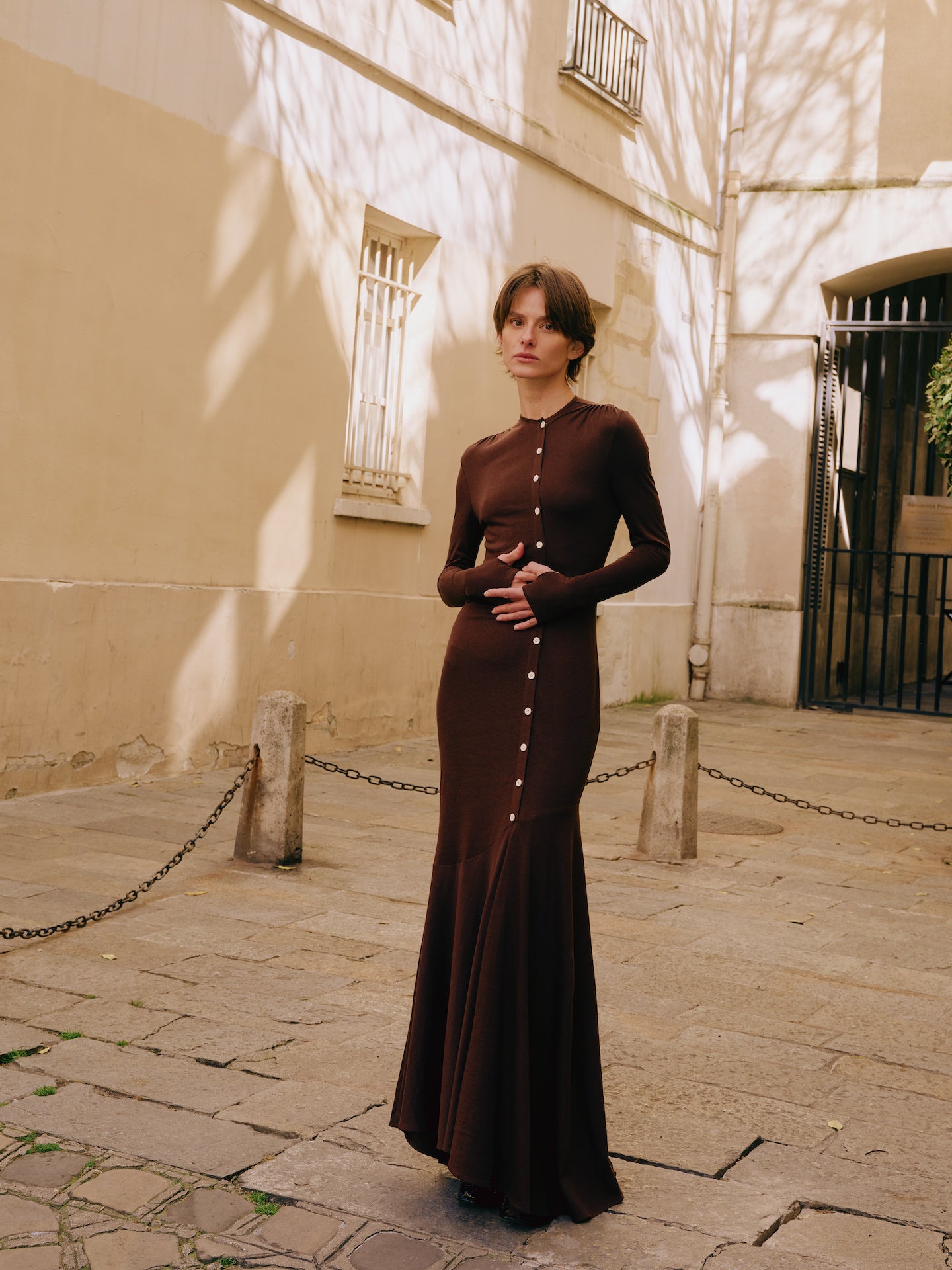 Fitted Long-Sleeve Button-Front Maxi Dress