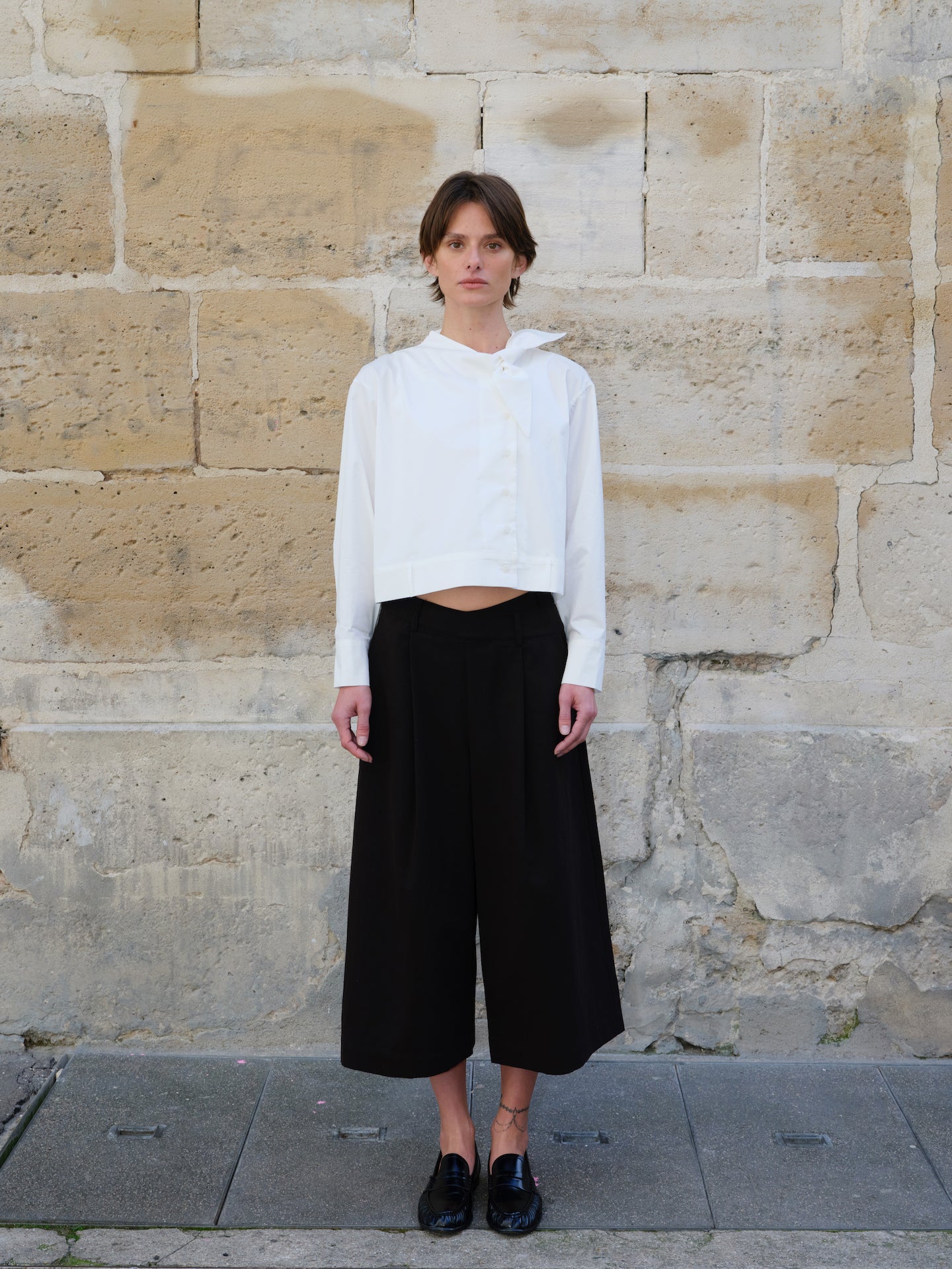 Black Cross-Over Waist Wide-Leg Culottes