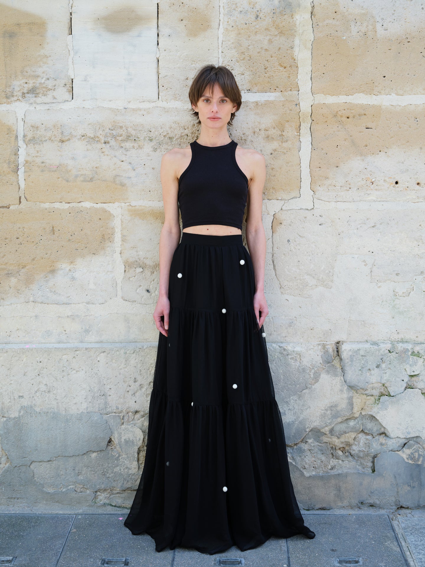 Silk Black Pearl-Button Maxi Skirt