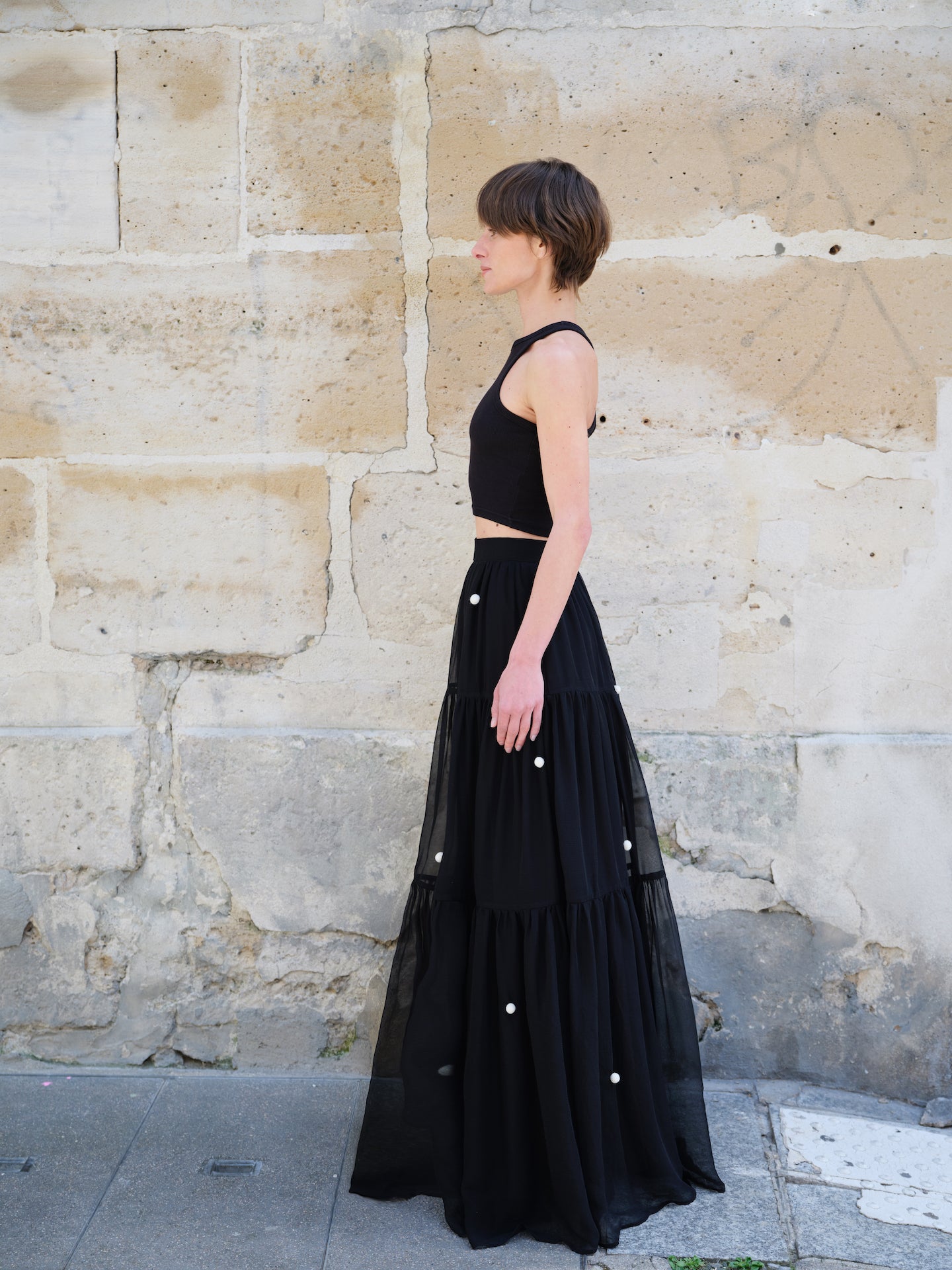 Silk Black Pearl-Button Maxi Skirt