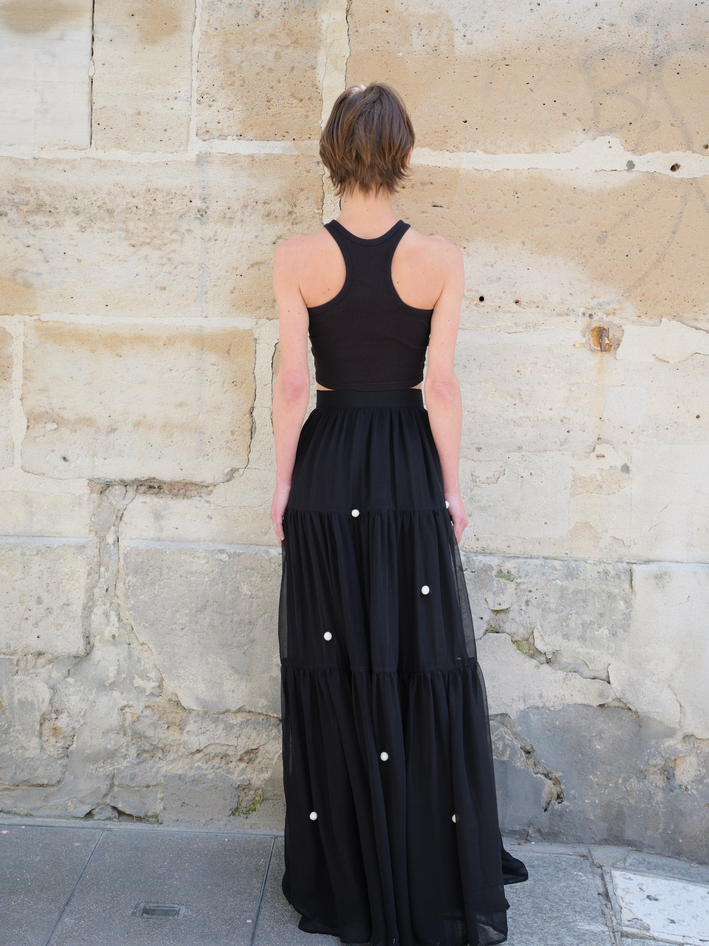 Silk Black Pearl-Button Maxi Skirt
