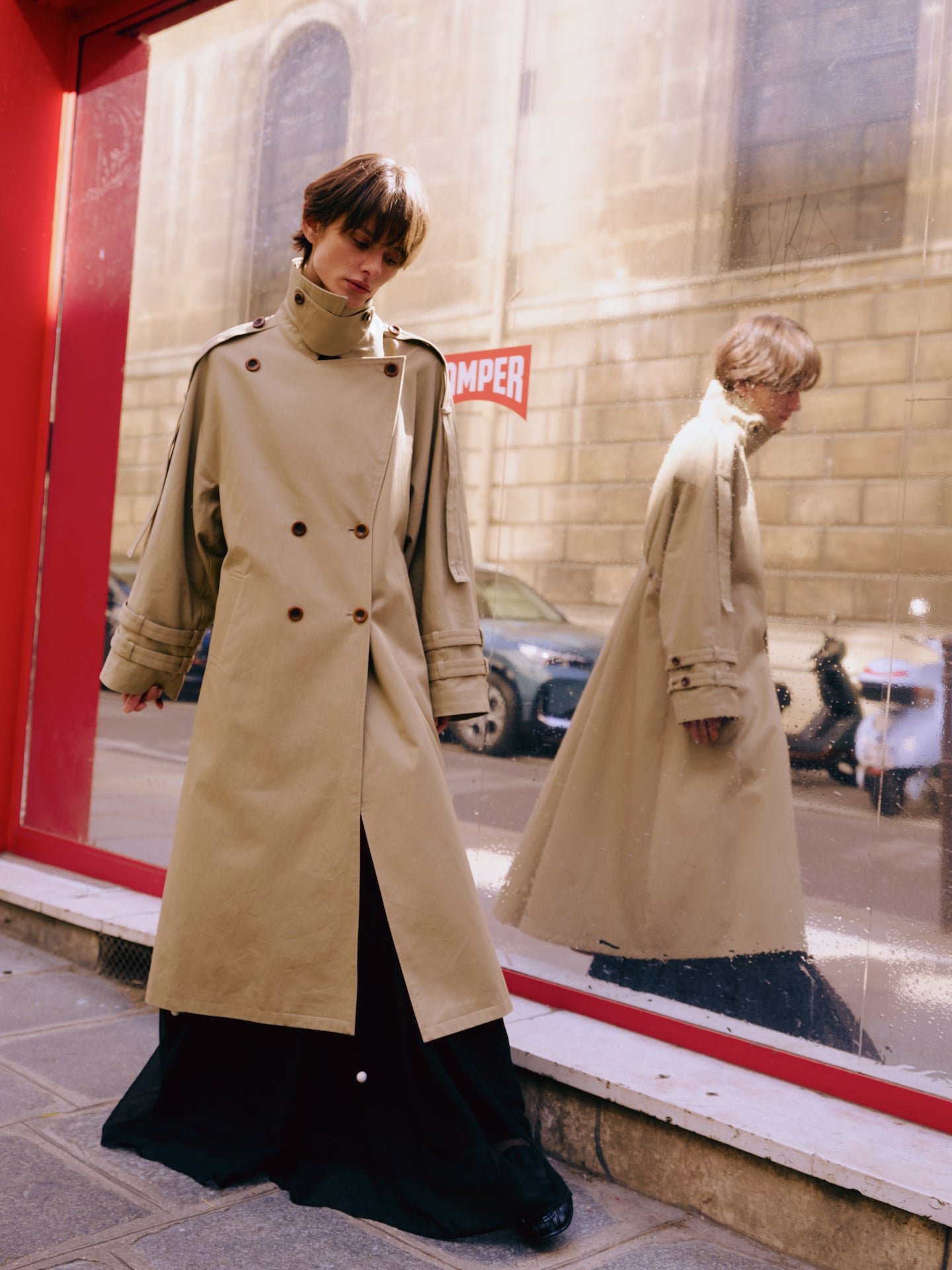 Long Belted Double-Breasted Trench Coat