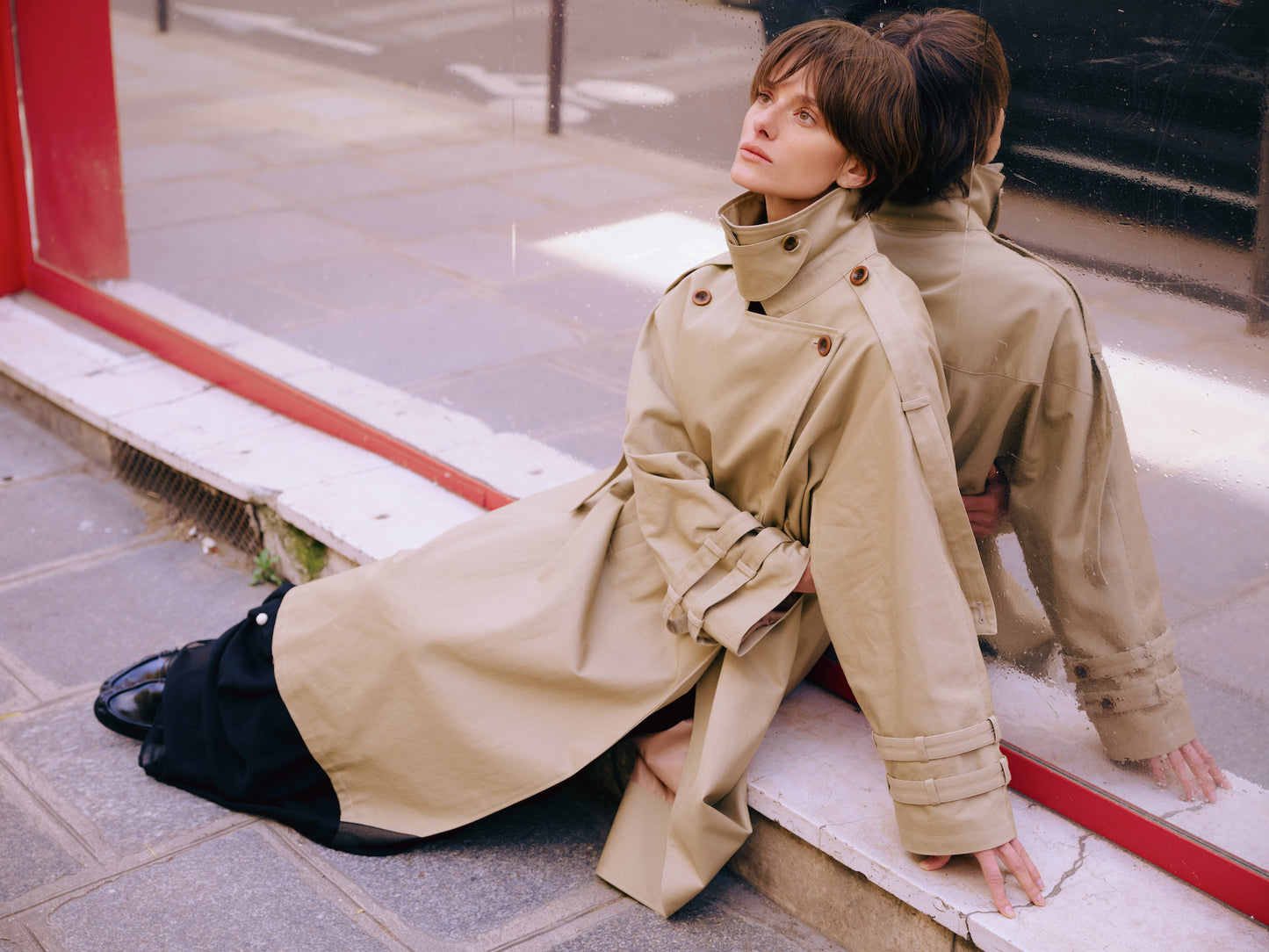 Long Belted Double-Breasted Trench Coat