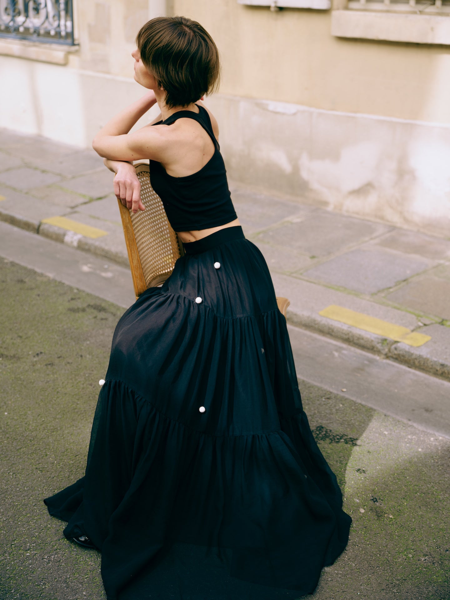Silk Black Pearl-Button Maxi Skirt
