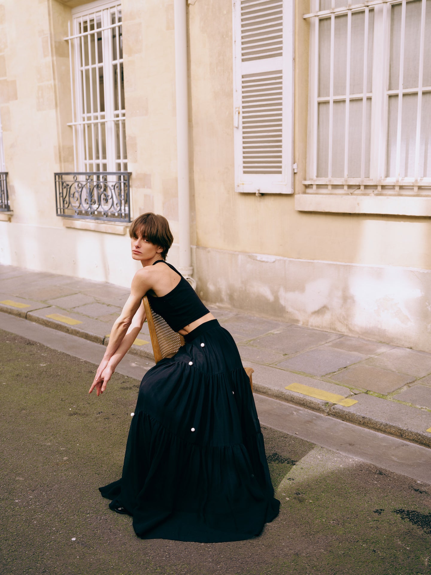 Silk Black Pearl-Button Maxi Skirt