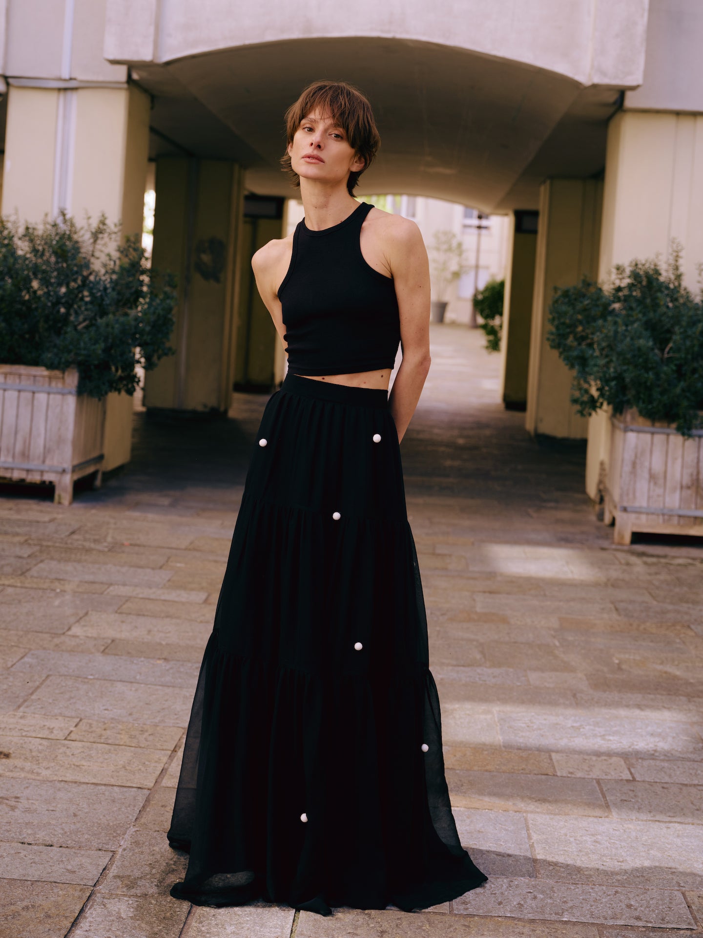 Silk Black Pearl-Button Maxi Skirt